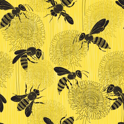 Vector image bees and dandelions on yellow striped