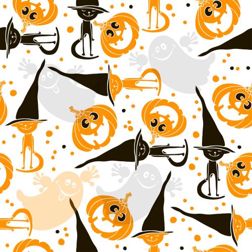 Vector image funny cats in witches' hats, cute ghosts, smiling pumpkins on white