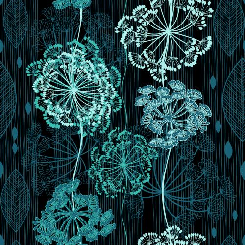 Vector image abstract umbrella-shaped flowers leaves vertical lines on black